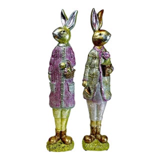 Vintage Boho Chic Shabby Chic Foil Wrapped Plaster Tall Rabbits - A Pair - Easter For Sale