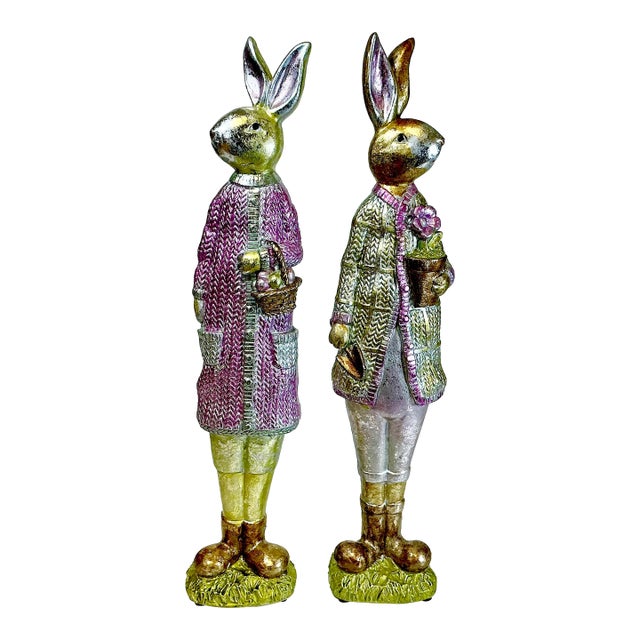 Vintage Boho Chic Shabby Chic Foil Wrapped Plaster Tall Rabbits - A Pair - Easter For Sale