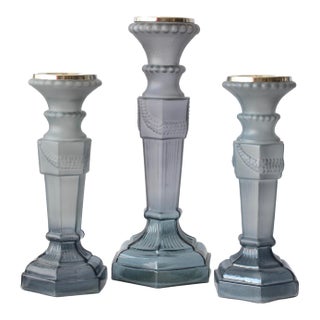Large French Glass Pillar Candleholders, Set of 3 For Sale