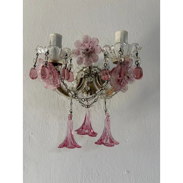 Glass C 1930 Rare Pink Cranberry Fuchsia Murano Flowers Crystal Sconces One of Kind For Sale - Image 7 of 11