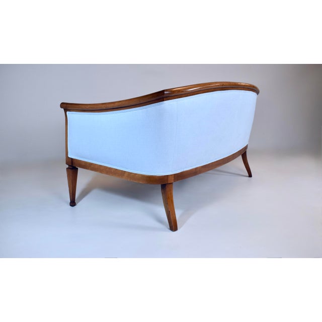 French Directoire Style Sofa, Hand Carved Cherry, Light Blue For Sale - Image 11 of 18