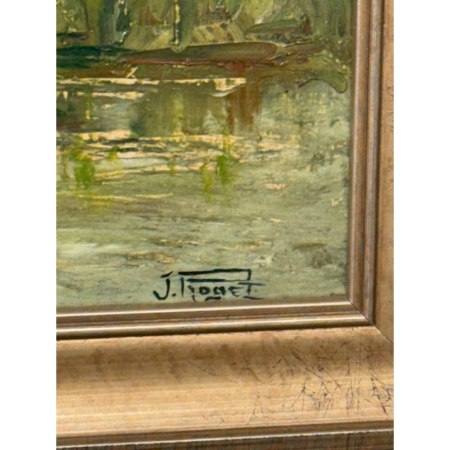 This is a lovely atmospheric oil painting. It features a single pod of trees in a green field with cattle grazing near a...