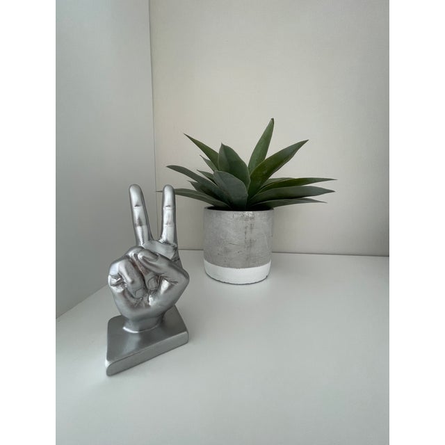 Silver Peace Sign Hand Symbol Sculpture For Sale - Image 4 of 6