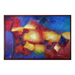 1980s Red and Blue Abstract Oil Painting on Canvas by J. Greene, Framed For Sale