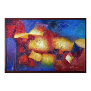 1980s Red and Blue Abstract Oil Painting on Canvas by J. Greene, Framed