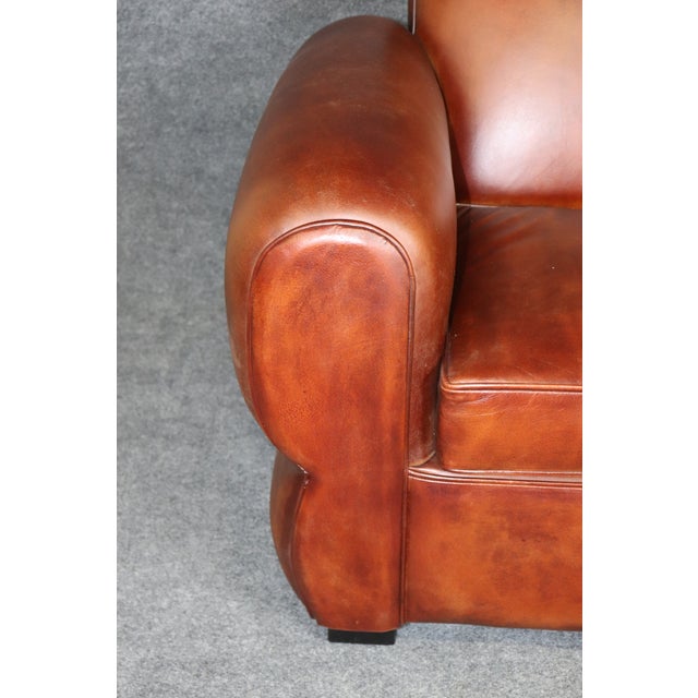 Animal Skin Pair Cognac Hued French Art Deco Style Leather Moustache Club Chairs For Sale - Image 7 of 7