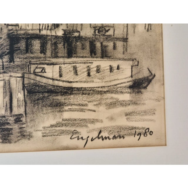 2000 - 2009 Engelman, Amsterdam City Waterfront, 1980, Charcoal Drawing, Framed For Sale - Image 5 of 8