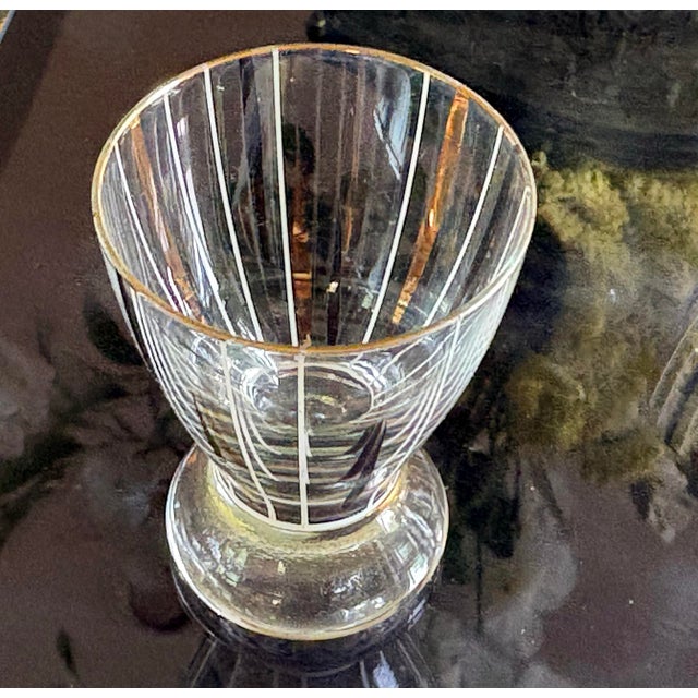MCM Atomic. Hollywood Regency. 1950s Blown Glass. Gold gilt and enamel. Striking rare set of. Cordials, Shot Glass, or...