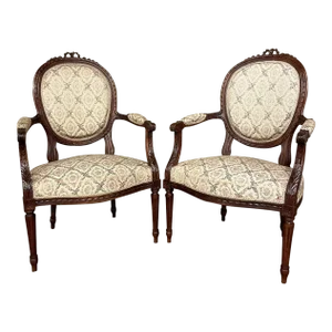 Pair 19th Century French Louis XVI Walnut Armchairs ~ Fauteuils