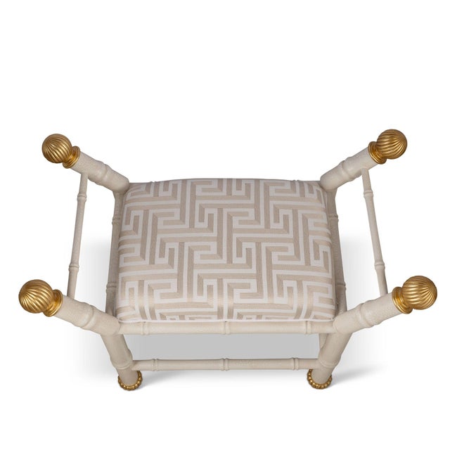 Hollywood Regency Boca White Paros Greek Key Bamboo Bench For Sale - Image 3 of 4