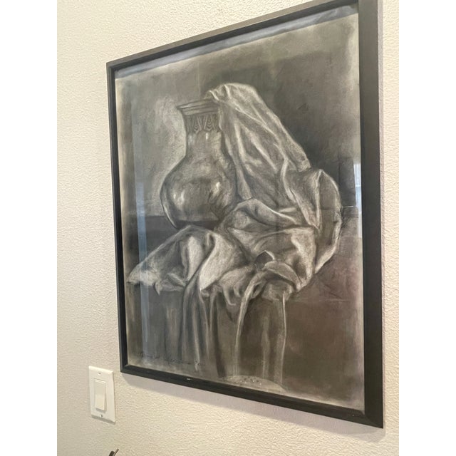 2000 - 2009 Naomi Sanders Original Framed Charcoal Still Life Drawing of Urn and Drapery, 2000 For Sale - Image 5 of 9