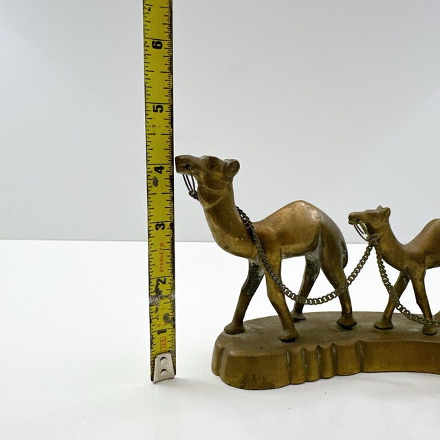 Vintage Brass Camel Caravan Figurine | Mid Century Modern Desert Sculpture | 3 Camel Statue | Hollywood Regency Boho Shelf Decor For Sale - Image 4 of 7
