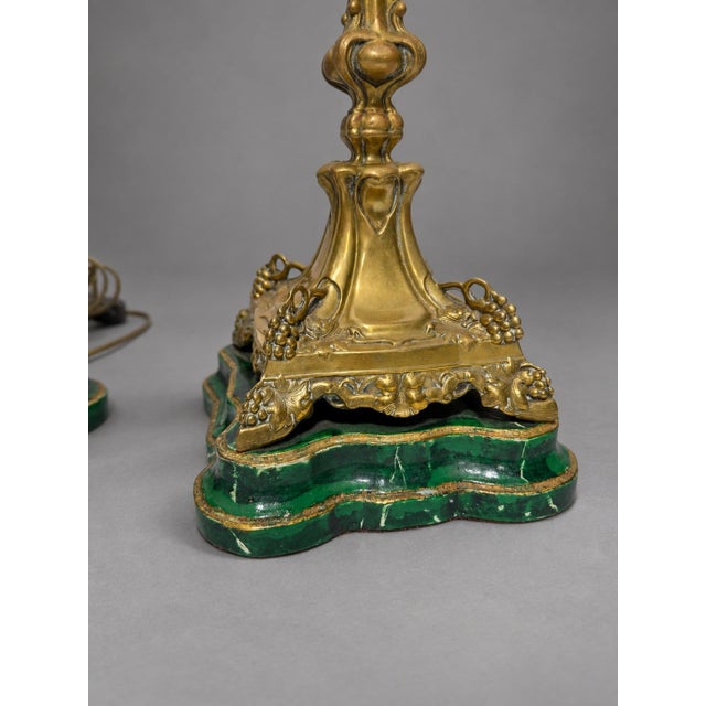 Pair of Antique Continental Gilt-Metal Grape-Vine & Faux Malachite Table Lamps For Sale - Image 10 of 10