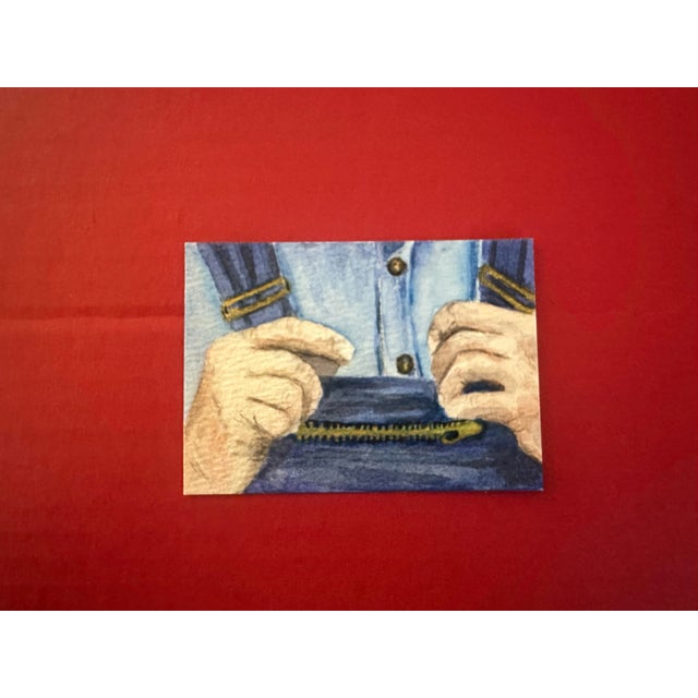 An intimate figurative study capturing a simple, familiar gesture. The composition focuses closely on the hands and...