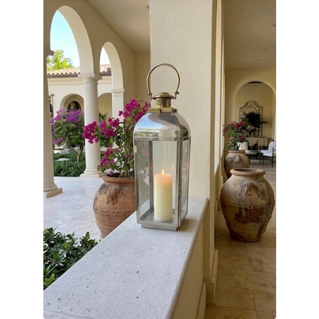 Large Mid-Century Modern Polished Stainless Steel and Brass Floor Lantern For Sale - Image 9 of 12