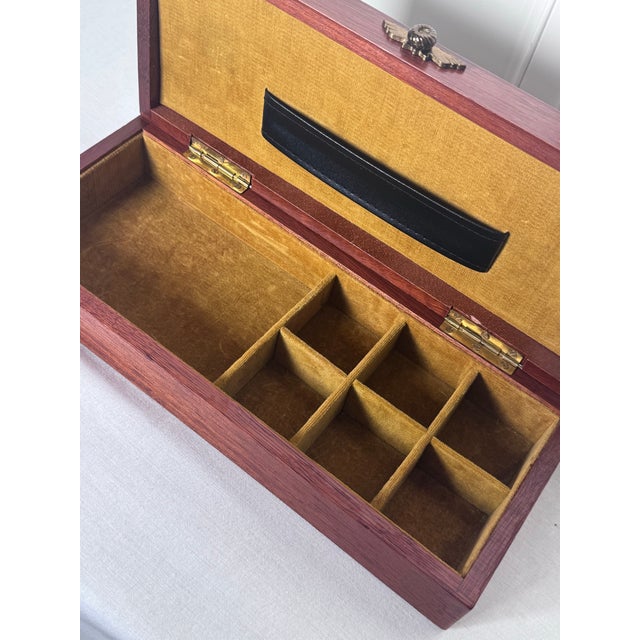 20thC. Mid Century Modern Japanese Black Leather, Brass Nails & Solid Cherry Wood Valet Lidded Box For Sale - Image 9 of 11