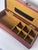 20thC. Mid Century Modern Japanese Black Leather, Brass Nails & Solid Cherry Wood Valet Lidded Box For Sale - Image 9 of 11