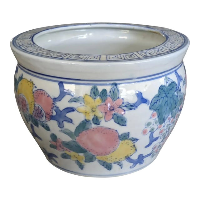 Vintage Chinoiserie Porcelain Orchid Cachepot Fishbowl Planter For Sale - Image 4 of 7