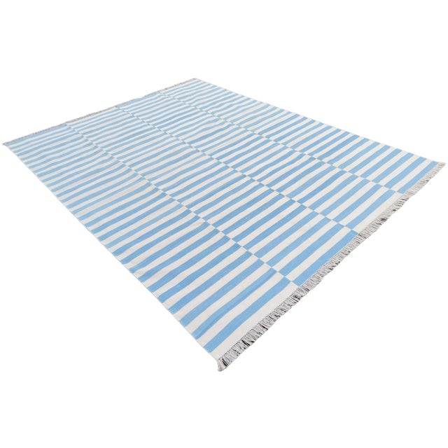 Sky Blue Handmade Reversible Cotton Vegetable Dyed Blue and White Striped Rug-10'x14' For Sale - Image 8 of 11