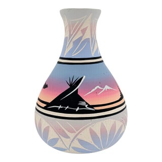 Vintage Signed Steve Navajo Southwestern Desert Sunset Pottery Vase For Sale