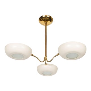 Three-Arm Brass Chandelier With Enameled Metal Shades For Sale