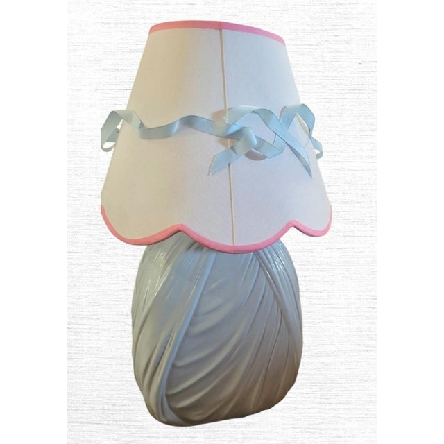 Paint Vintage Custom Painted Styled John Dickinson Draped Plaster Pale Blue Table Lamp W/ Custom Ribbon Shade For Sale - Image 7 of 10