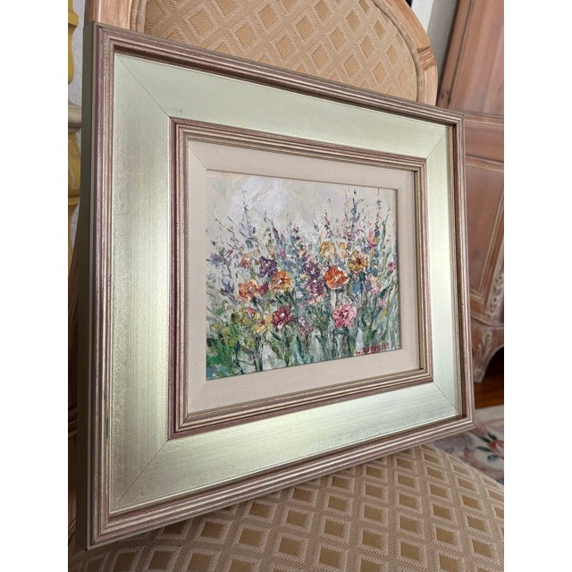 Nice close-up oil painting of a spray of colorful carnations and wild flowers 12 x 16 in. plus a lovely gilded frame. It's...