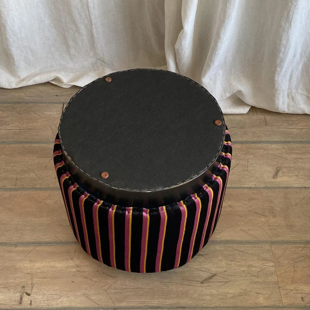 Modern Pink and Yellow Striped Black Velvet Pouf, 2000s For Sale - Image 9 of 13