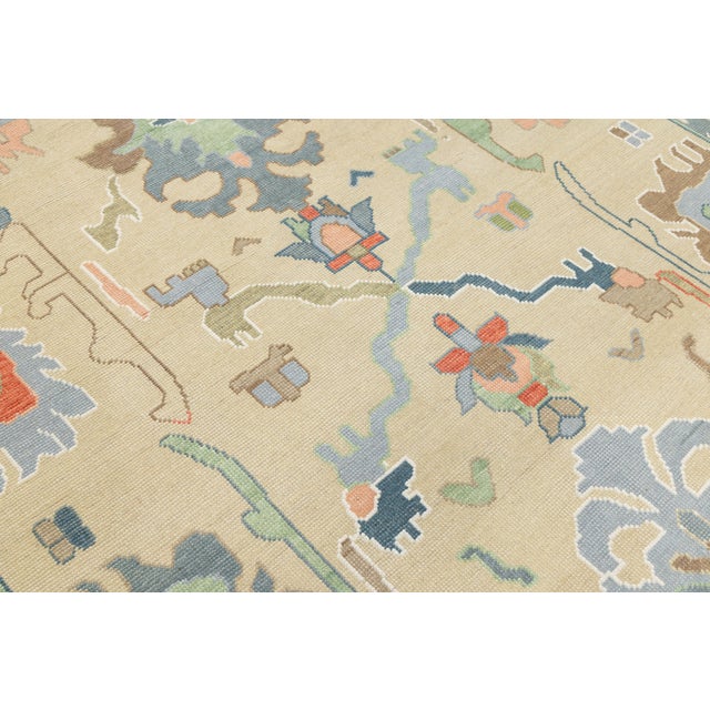 Modern Hand-Knotted Oushak Style Wool Area Rug in Pastel Palette and Soft Beige For Sale - Image 11 of 12