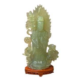 Light Green Color Stone Chinese Lotus Guan Yin Bodhisattva Statue For Sale