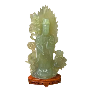Light Green Color Stone Chinese Lotus Guan Yin Bodhisattva Statue