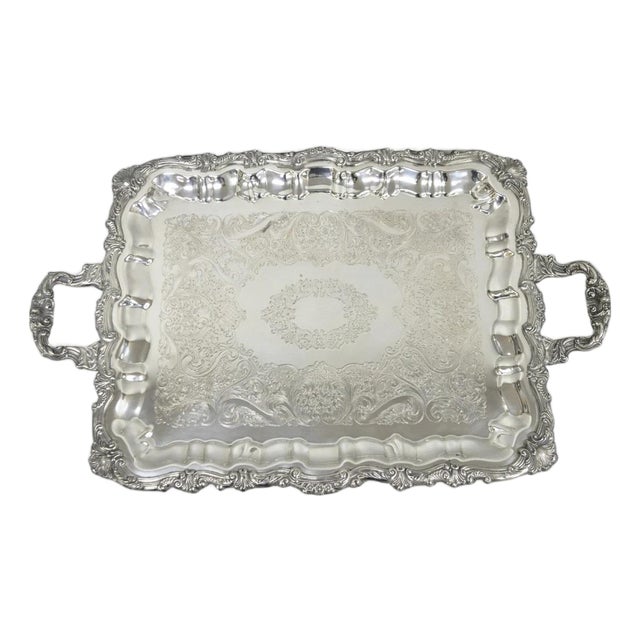 Vintage English Victorian Silver Plated Twin Handle Bar Serving Platter Tray For Sale