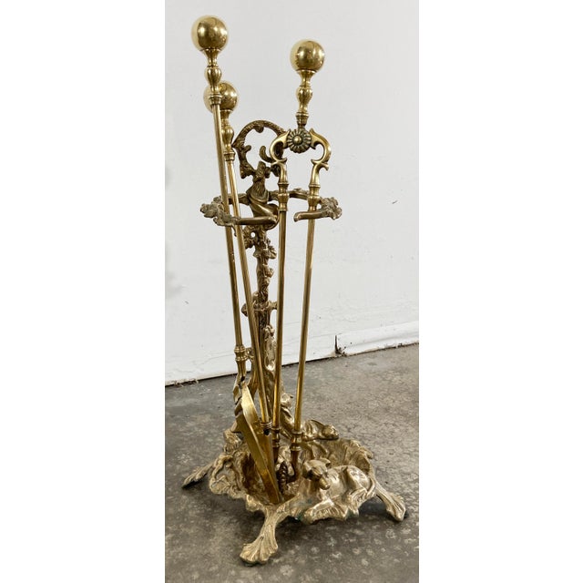Antique Art Nouveau Style Brass Fireplace Tools on French Hunting Motif Stand For Sale - Image 4 of 14
