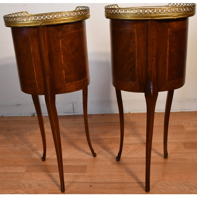 1880 Antique French Louis XV Walnut Inlaid Marble Top Nightstands Bedside Tables For Sale - Image 12 of 16