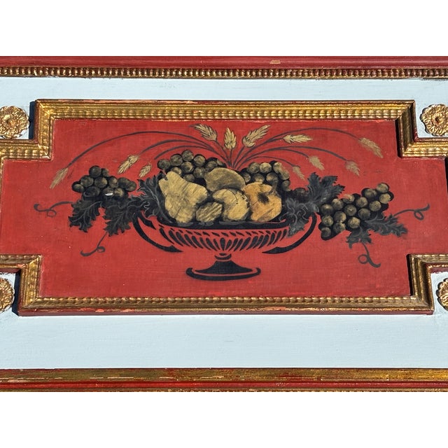 French Provincial Late 19th C. Trumeau Mirror - Handpainted Classical Details With Gilt Relief and Unusual Colors For Sale - Image 3 of 11