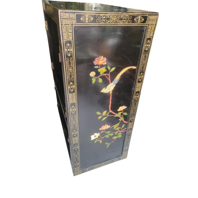 Vintage Chinoiserie Black Lacquered Large 4 Door Soapstone Decorative Storage Cabinet For Sale - Image 10 of 18
