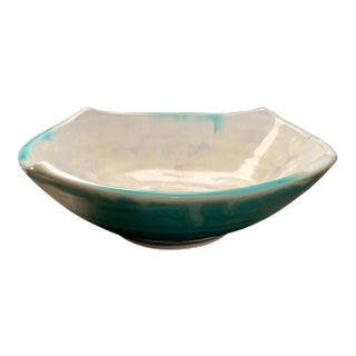 Modern Square Footed Studio Bowl With Turquoise Outside and Fish Scale Cream Inside Glaze For Sale