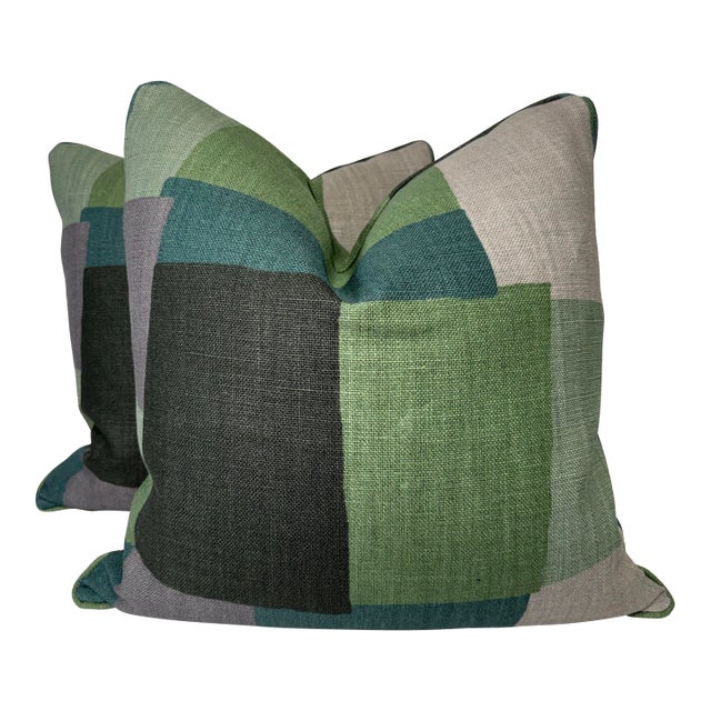 Peter Dunham "Collage" in Green/Gray 22" Pillows-a Pair For Sale