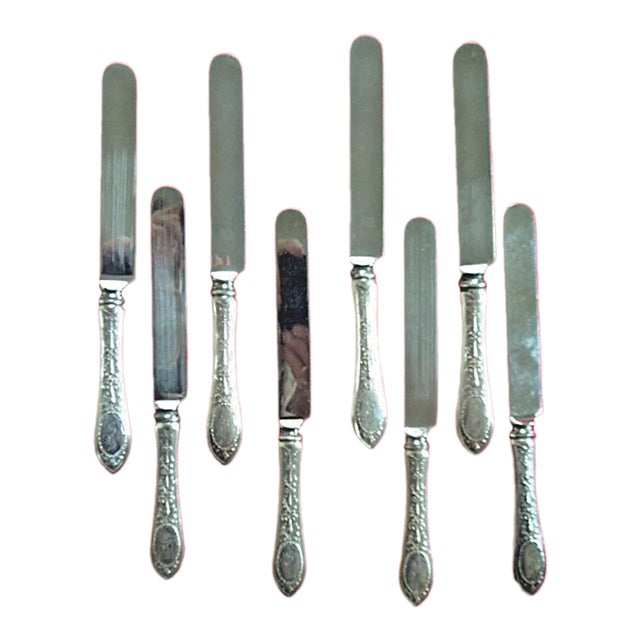 1907 Whiting 'Adam' Sterling Silver Luncheon Knives Blunt Plated Blades, Monos- Set of 8 For Sale