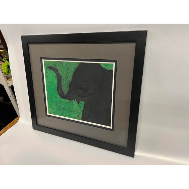 Vintage Elephant in Green and Black Oil Pastel on Canvas, Framed and Matted For Sale - Image 4 of 5