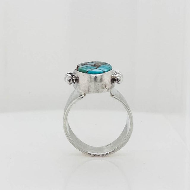 Navajo Delvin John Sterling Silver & Turquoise Cabochon Signet Style Ring For Sale - Image 11 of 11