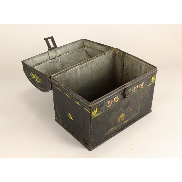 1850's Tin Toleware Chest Box W Latch, Hand Painted, Pennsylvania Folk Art For Sale - Image 10 of 15