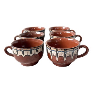 Vintage Handmade Hand Painted Bulgarian Red Clay Pottery Tea/Coffee Cups For Sale