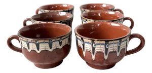 Vintage Handmade Hand Painted Bulgarian Red Clay Pottery Tea/Coffee Cups