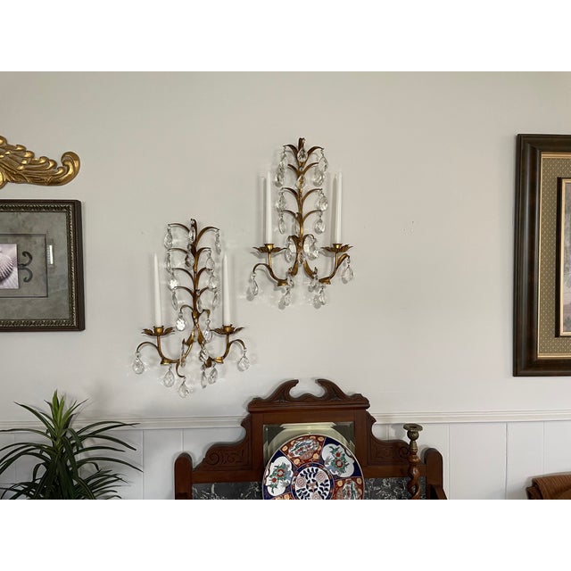 Vintage Mid Century 19" Italian Gilded Tole and Crystals Candle Sconces - A Pair For Sale - Image 18 of 18