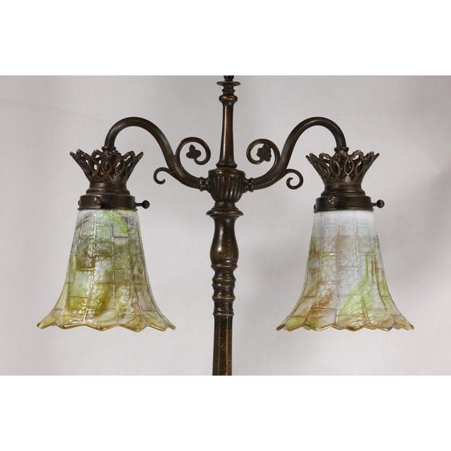 Traditional 1910s Signed Oscar Bach Bronze 2-Light Table Lamp With Quality Art Glass Shades, Good Patina For Sale - Image 3 of 15