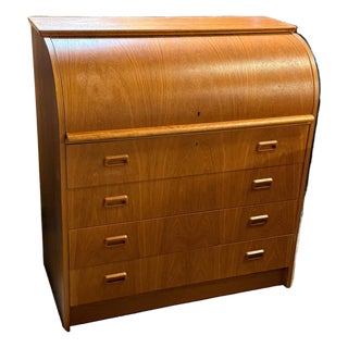 1960s MCM Danish Teak Roll Top Desk With Original Keys For Sale