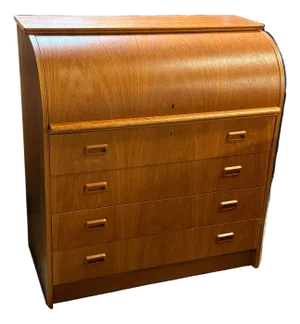 1960s MCM Danish Teak Roll Top Desk With Original Keys