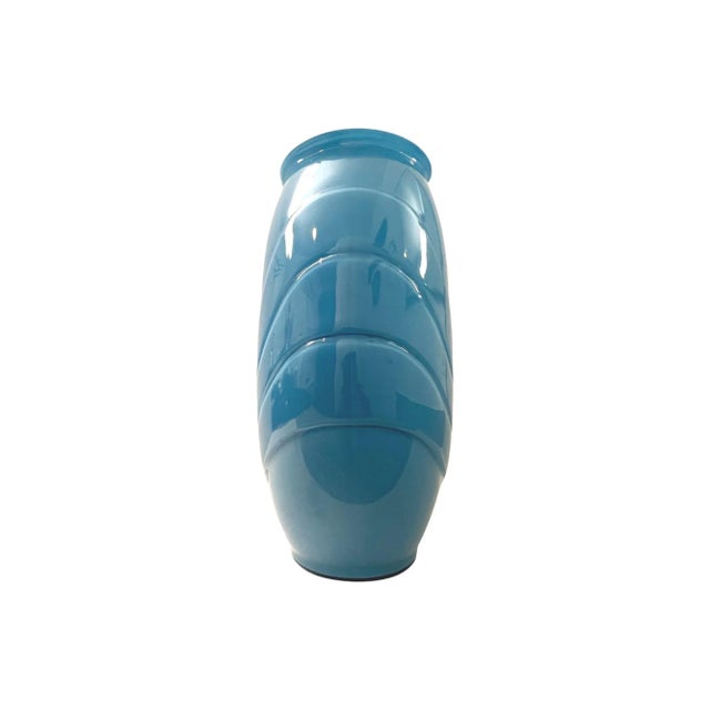 We have for your consideration a very beautiful draped art deco postmodern 1980s blue glass vase. Vase conists of glass...