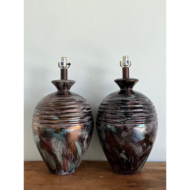 Vintage Glazed Metallic Ceramic Lamps - Set of 2 For Sale - Image 10 of 18
